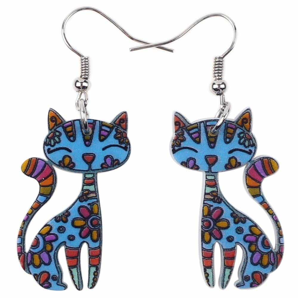 Cartoon Floral Printed Women’s Cat Drop Earrings  My Pet World Store