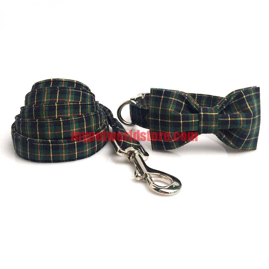 Green Plaid Dog Bowtie Collar and Leash Set