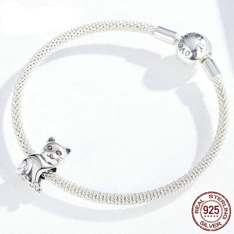 Cute Baby Cat Metal Beads Charm Bracelet 925 Sterling Silver Jewelry