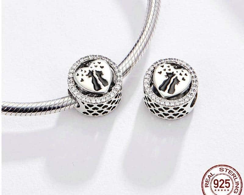 925 Sterling Silver Cat Couples Love Heart Charm