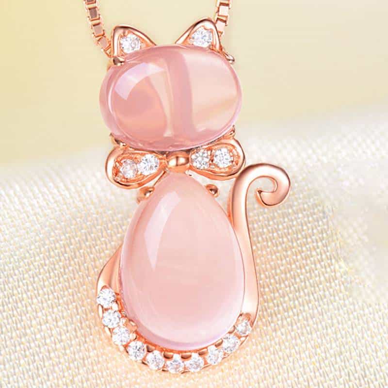 Cute Pink Quartz Cat Design Women's Pendant Necklace