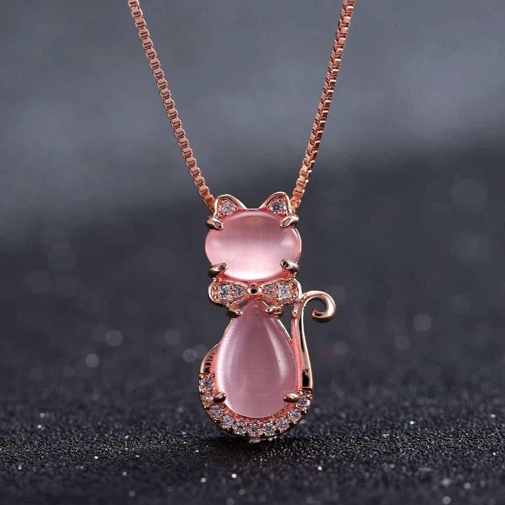 Cute Pink Quartz Cat Design Women's Pendant Necklace
