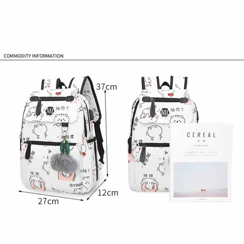 3 Pcs/set Women School Cat print Backpacks with USB charge