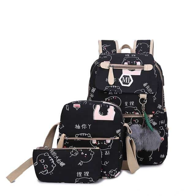 3 Pcs/set Women School Cat print Backpacks with USB charge