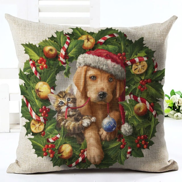 New Year Pattern Cat and Dog Pillowcase 45x45 cm