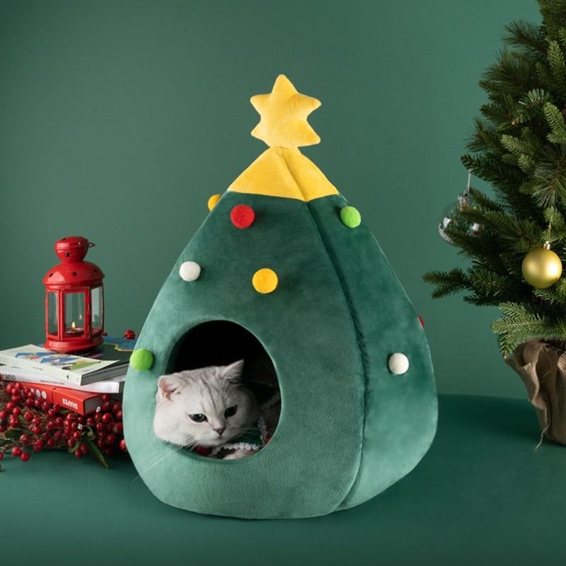 Cat Christmas Tree Shape Warm Cave Washable