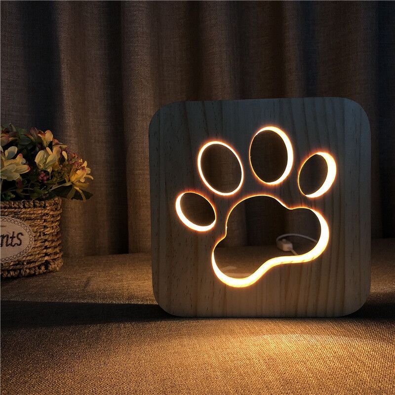 Wooden Dog Paw Cat Animal Night Light