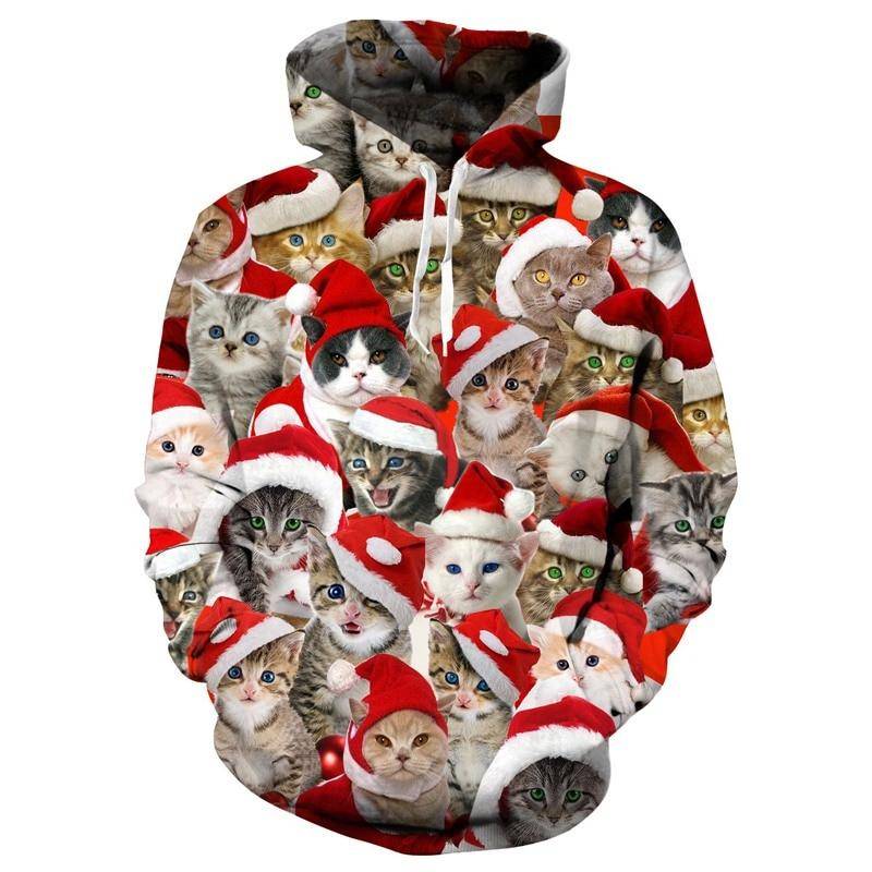Christmas Hoodies Women Men 3D  Cat With Santa Hat Sweatshirts