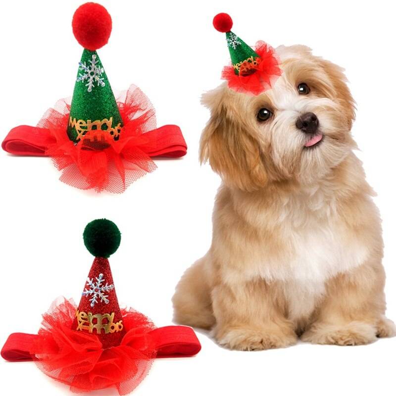 Christmas Puppy Dog Caps With Headband Handmade Adjustable