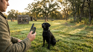 A man in a green jacket kneels in a field, holding a remote while training a chocolate Labrador in a black collar.