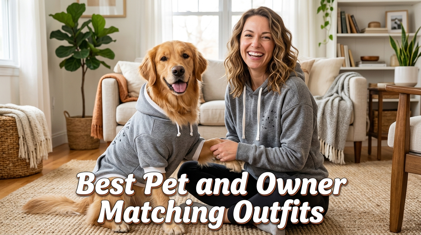 Smiling woman and her golden retriever wearing matching grey hoodies in a living room.