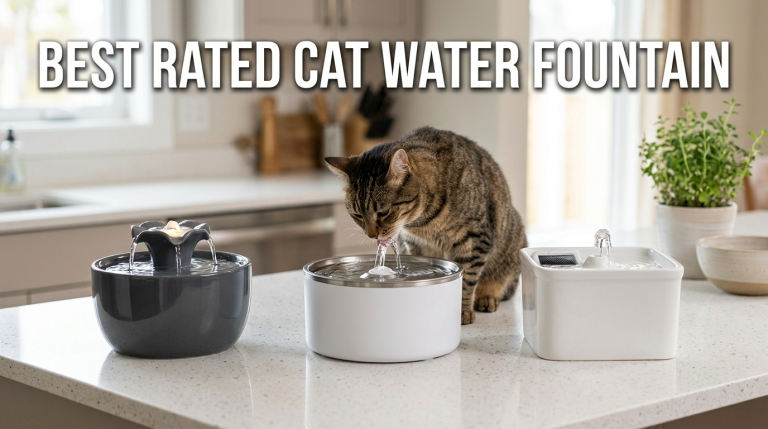 A domestic cat happily drinks from the best rated cat water fountain, displayed alongside two other top models on a clean kitchen counter