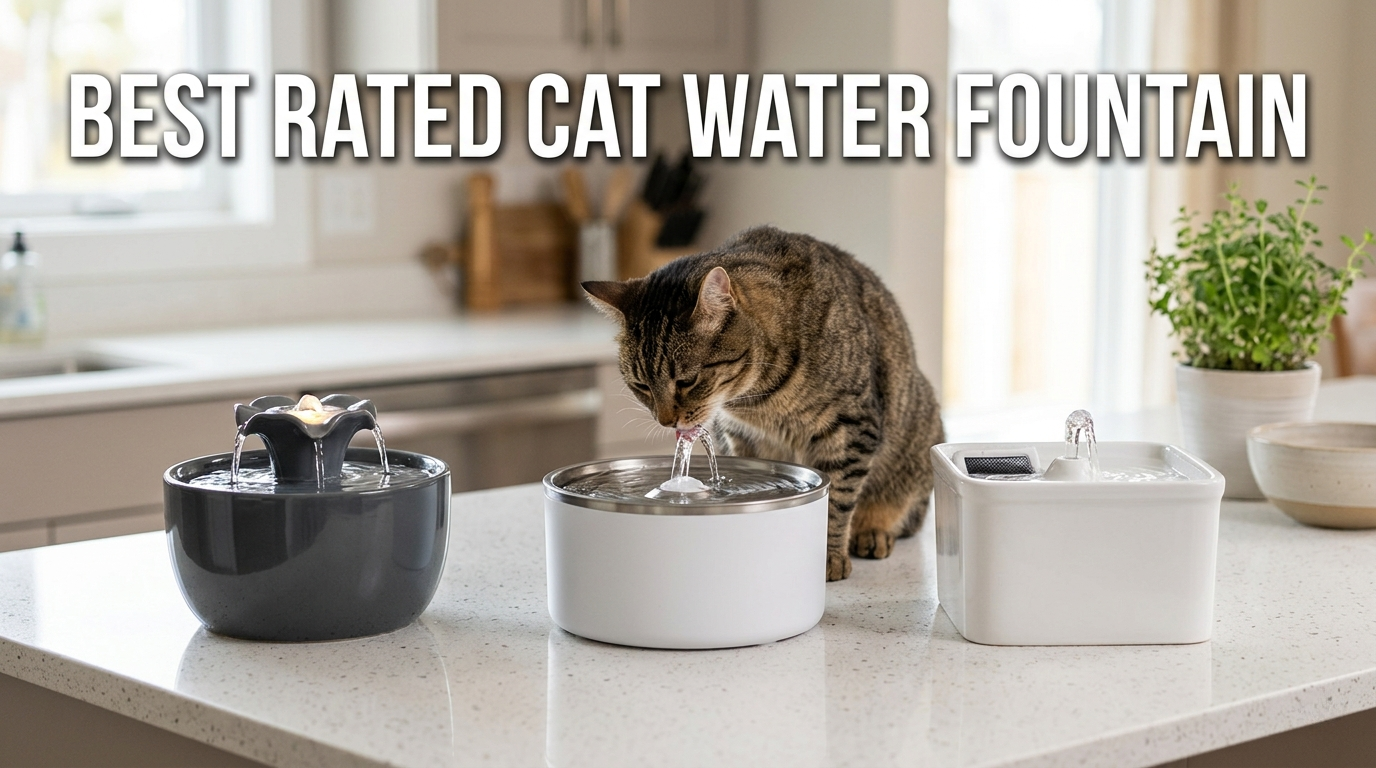 A domestic cat happily drinks from the best rated cat water fountain, displayed alongside two other top models on a clean kitchen counter