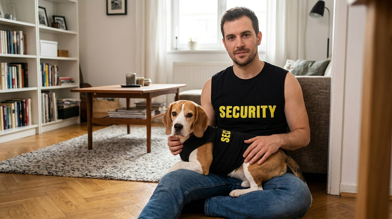 Man on the floor with a Beagle, both wearing the black BINGPET Matching Dog and Owner T-Shirt Set vest.