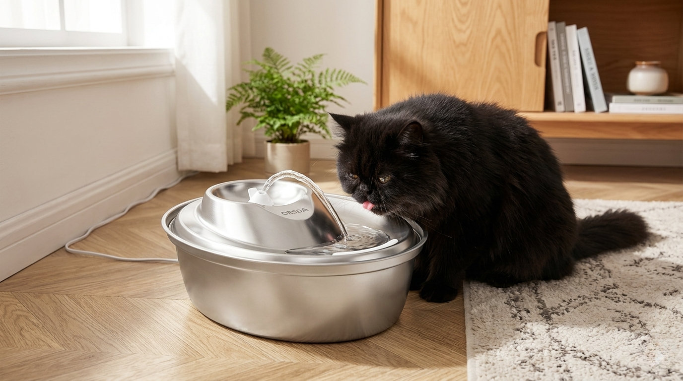 A persian black cat licking water from a stainless steel Cat Mate Pet Fountain 2L on a wooden floor.