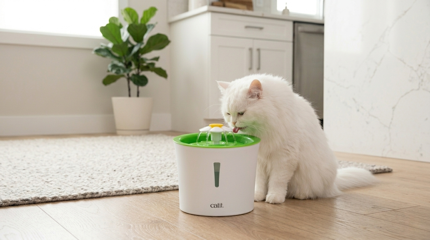 A fluffy white cat drinking from a white and green Catit Flower Fountain on a wooden floor.