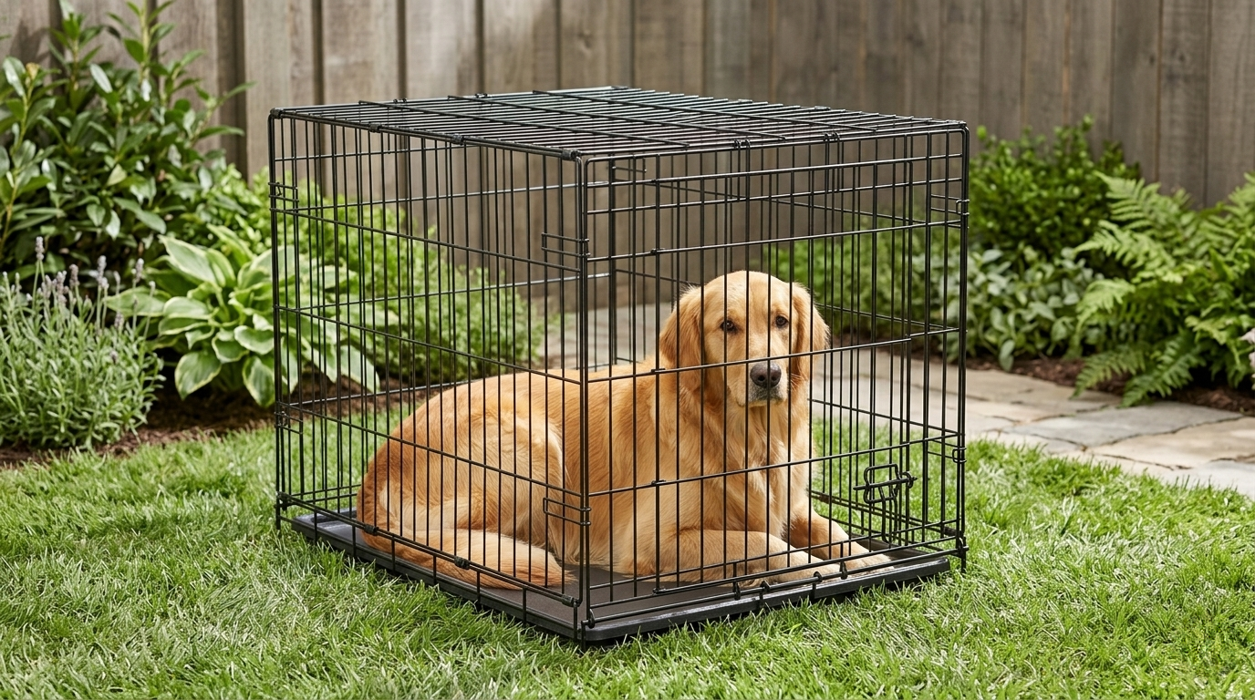 A golden retriever inside a Midwest Homes iCrate Dog Crate, sitting on grass within a fenced garden area.