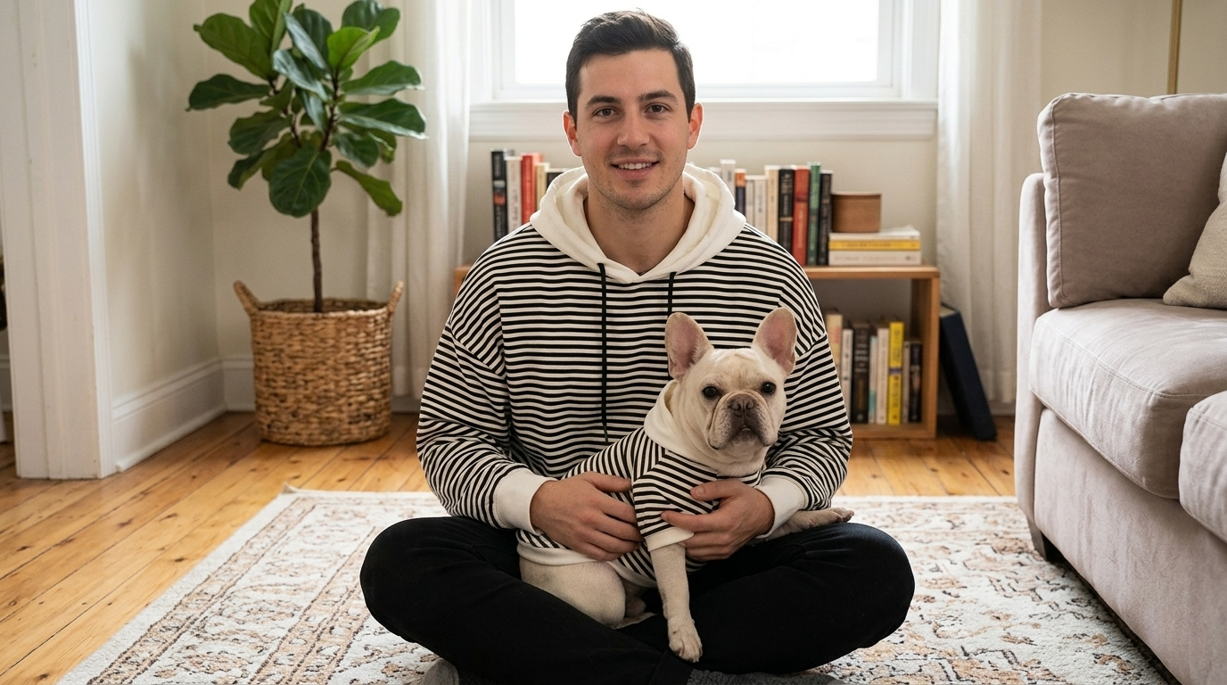 Man sitting on the floor with a Frenchie, both wearing the Hayden Rae Matching Dog and Owner Hoodie Set.