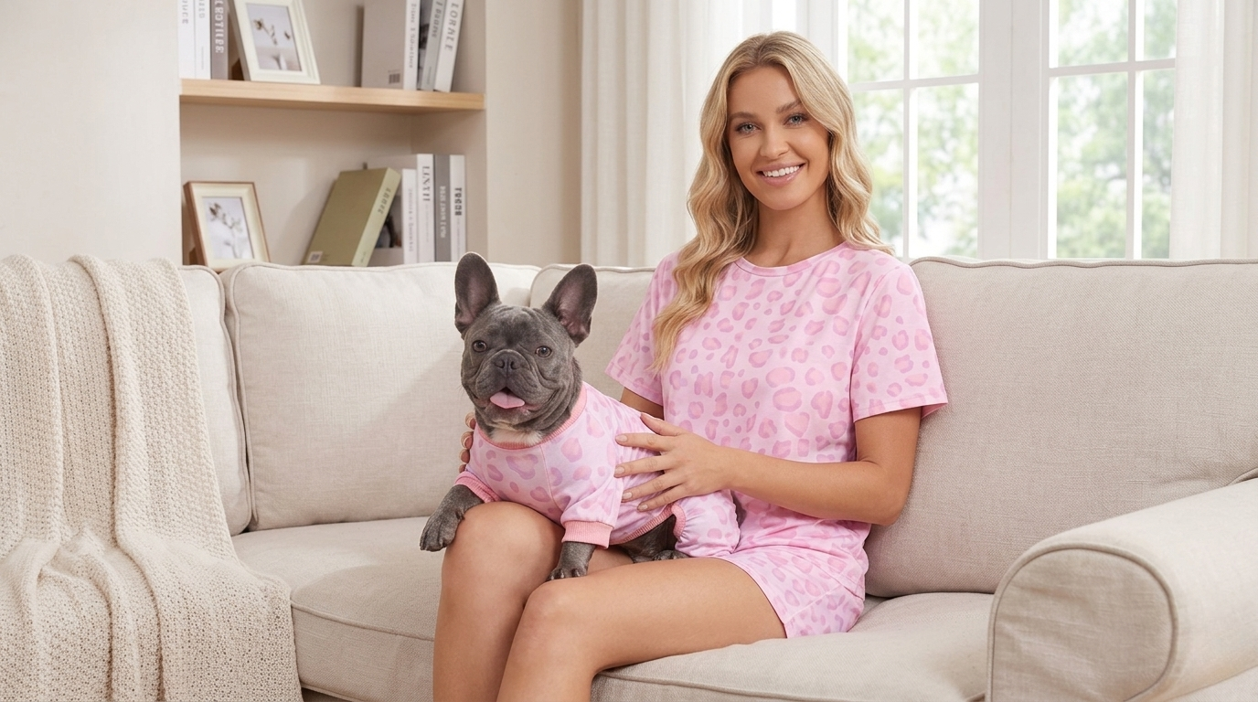 Woman on sofa with a Frenchie on her lap, both in the Mommy and Me Dog and Owner Matching Pajama Set.