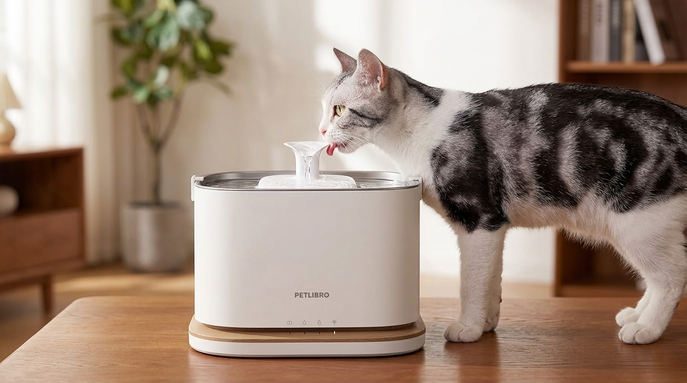 A grey and white tabby cat drinks from a sleek, white PETLIBRO Capsule Wireless Pet Fountain on a wooden table.