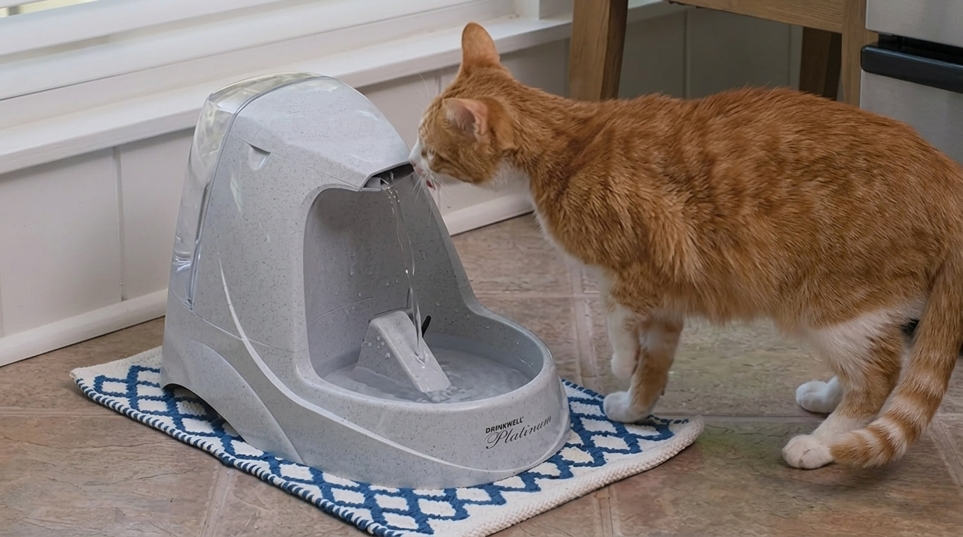 An orange tabby cat drinking from a grey PetSafe Drinkwell Platinum Pet Fountain on a blue and white mat.