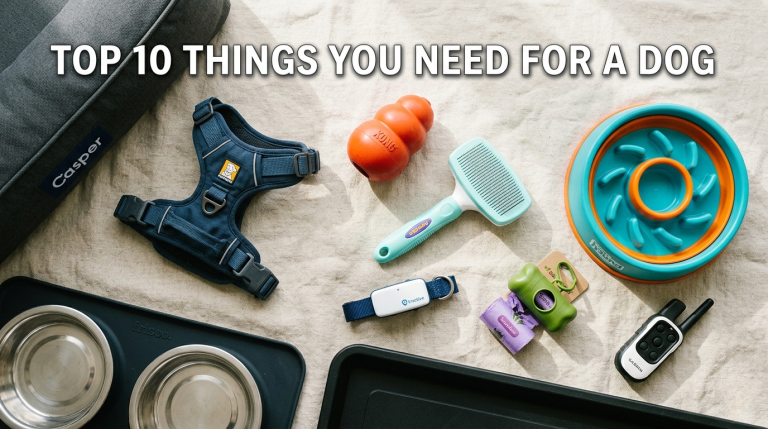 Flat lay of Top 10 Things You Need for a Dog when you buy a new pet.