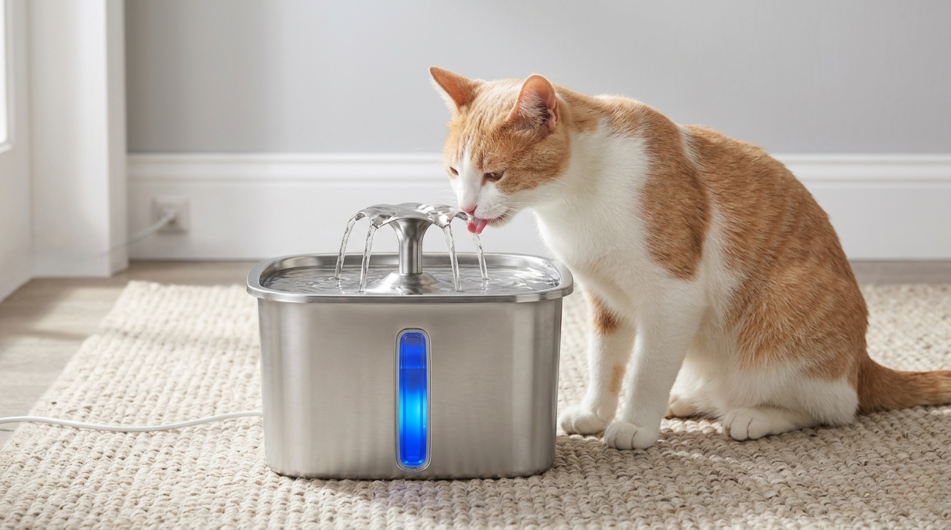 An orange and white cat drinks from a stainless steel Veken Pet Fountain 95oz Wireless with a blue LED light window.