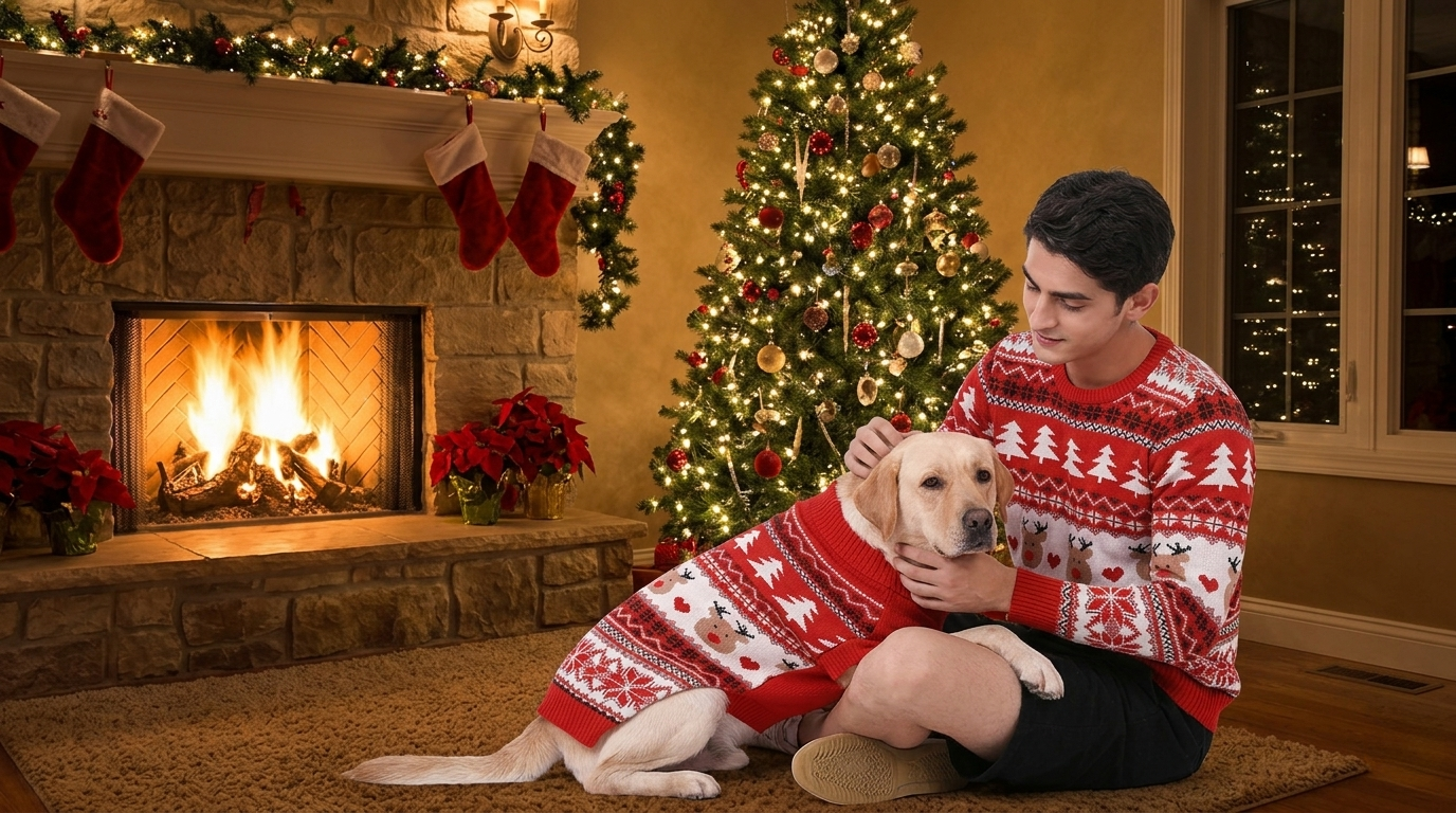 Man on the floor with a Lab by a Christmas tree, wearing the Verypet Matching Dog and Owner Christmas Sweater Set.