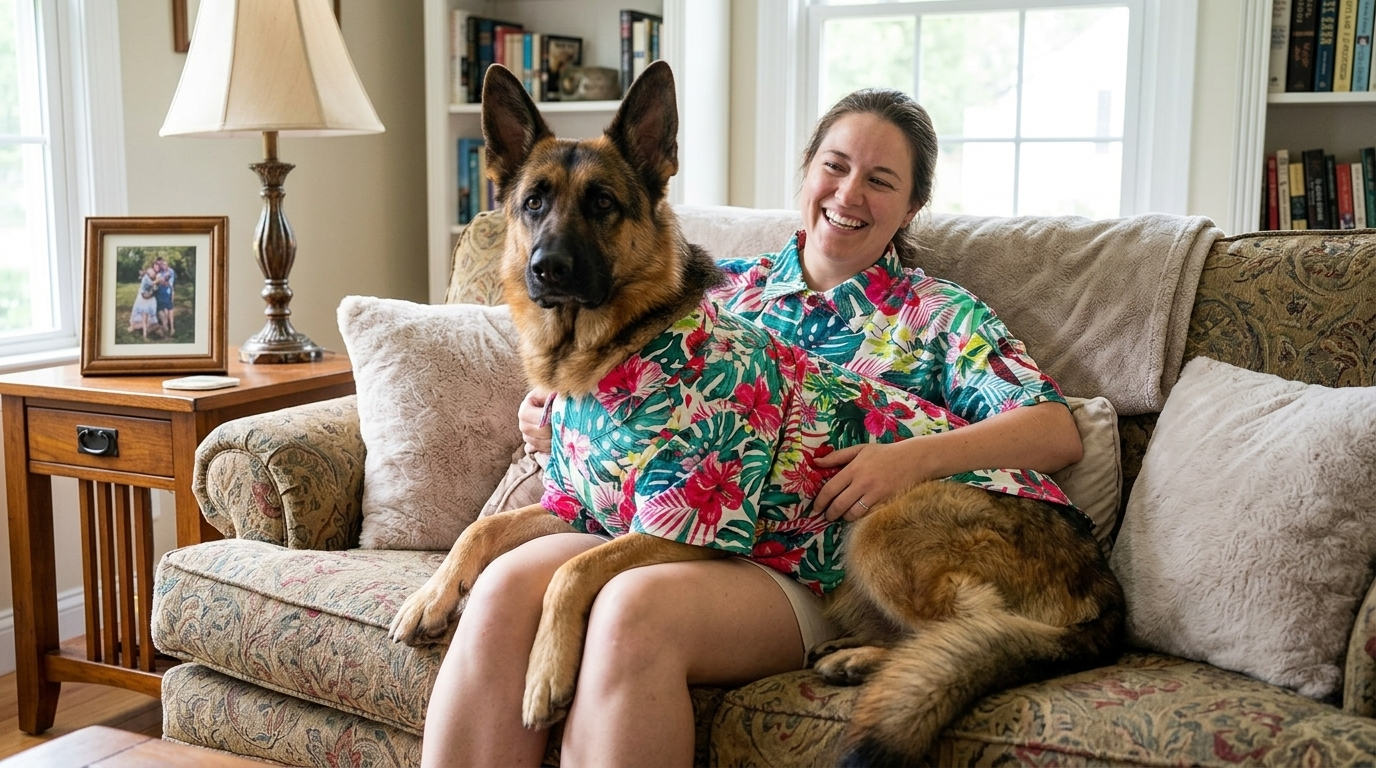 Woman on a couch with a German Shepherd, both in the Yikeyo Matching Hawaiian Shirt Set for Dog and Owner.
