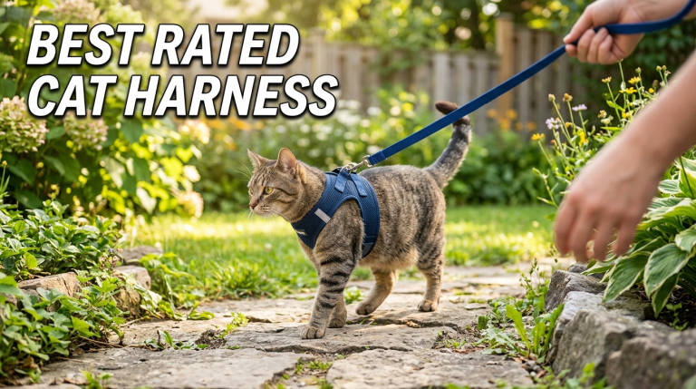 Best rated cat harness fitted on a tabby cat for a safe walk.