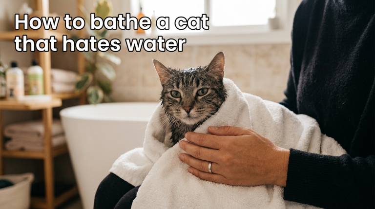 Owner gently bathing a cat that hates water in a shallow sink