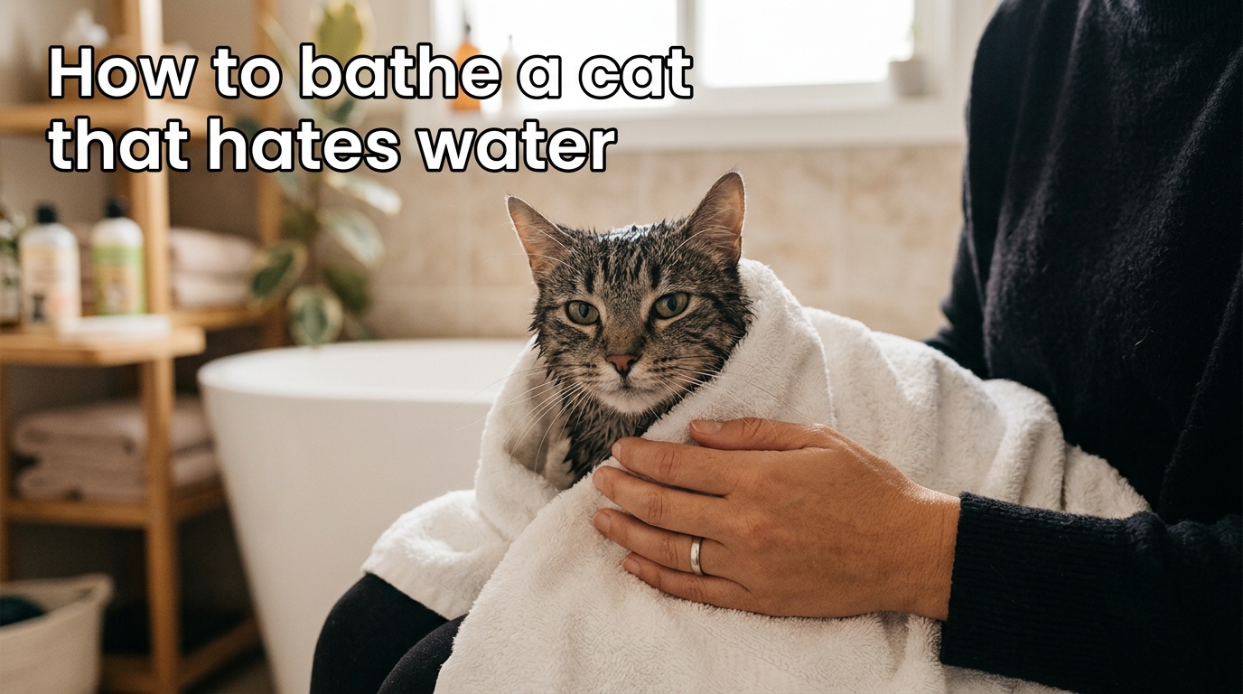 Owner gently bathing a cat that hates water in a shallow sink