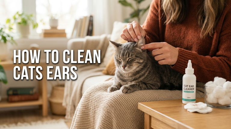 cat owner gently cleaning cats ear at home with cotton ball and ear cleaning solution