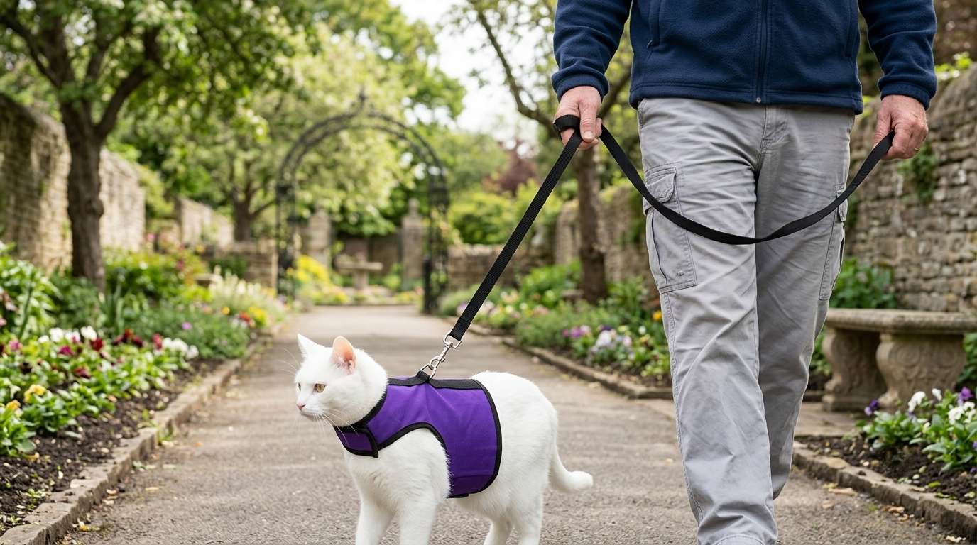 White cat walking on a street path wearing a purple Kitty Holster Cat Harness.