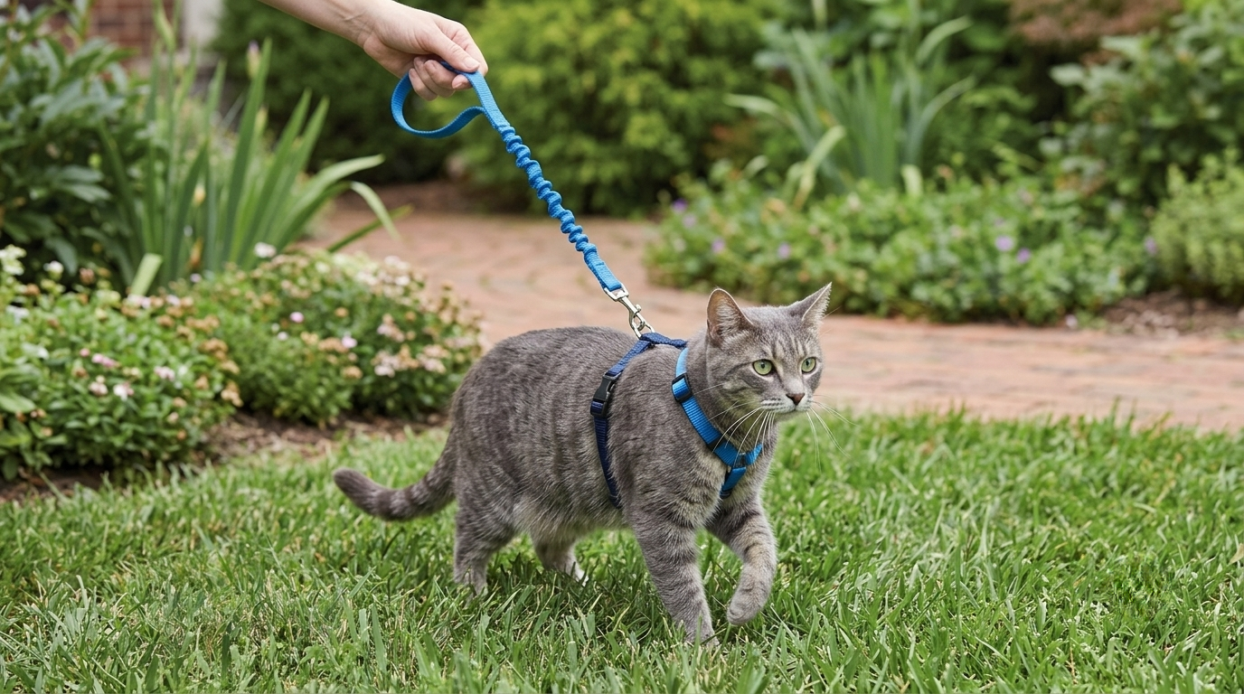 Gray cat walking on garden grass wearing a blue PetSafe Come With Me Kitty Harness.