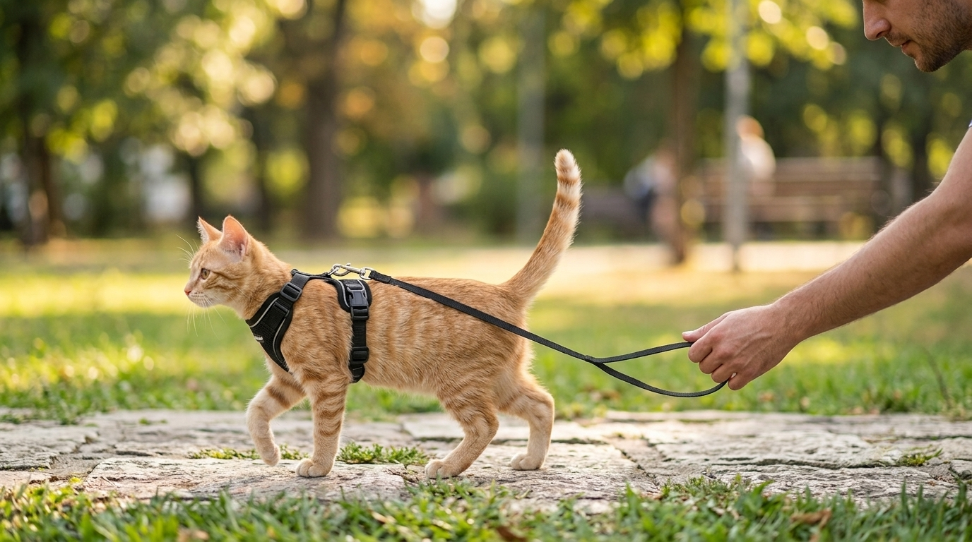 Orange tabby cat walking on a stone path wearing a rabbitgoo Cat Harness and Leash Set.