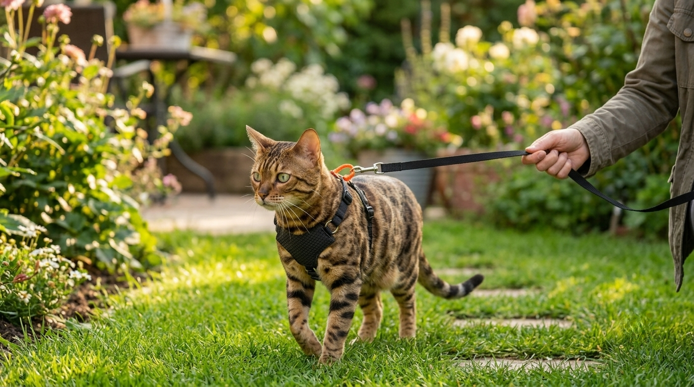 Golden Bengal cat in a garden wearing a black Sleepypod Martingale Cat Harness.
