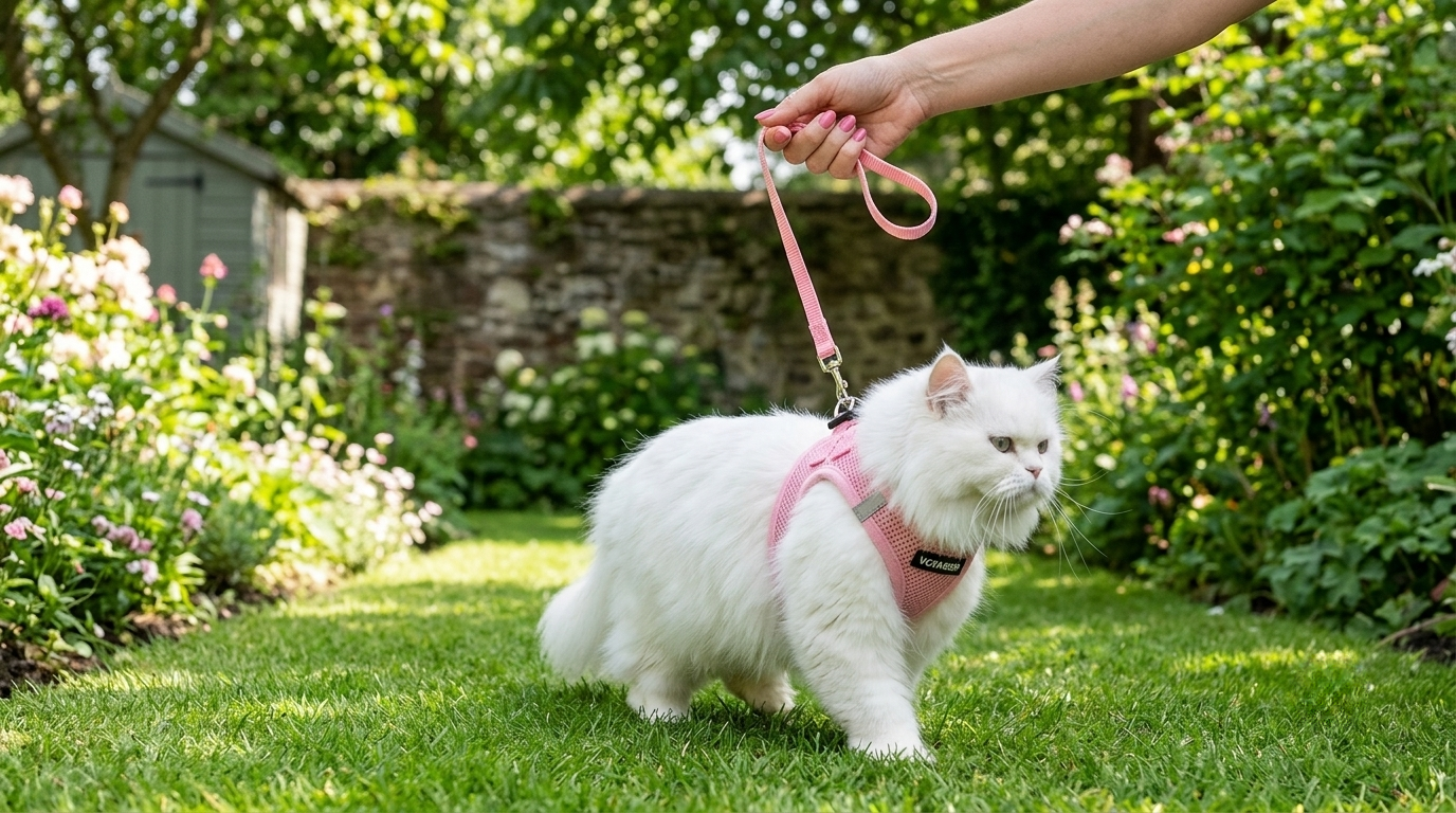 White Persian cat on garden grass wearing a pink Voyager Step In Air Cat Harness.